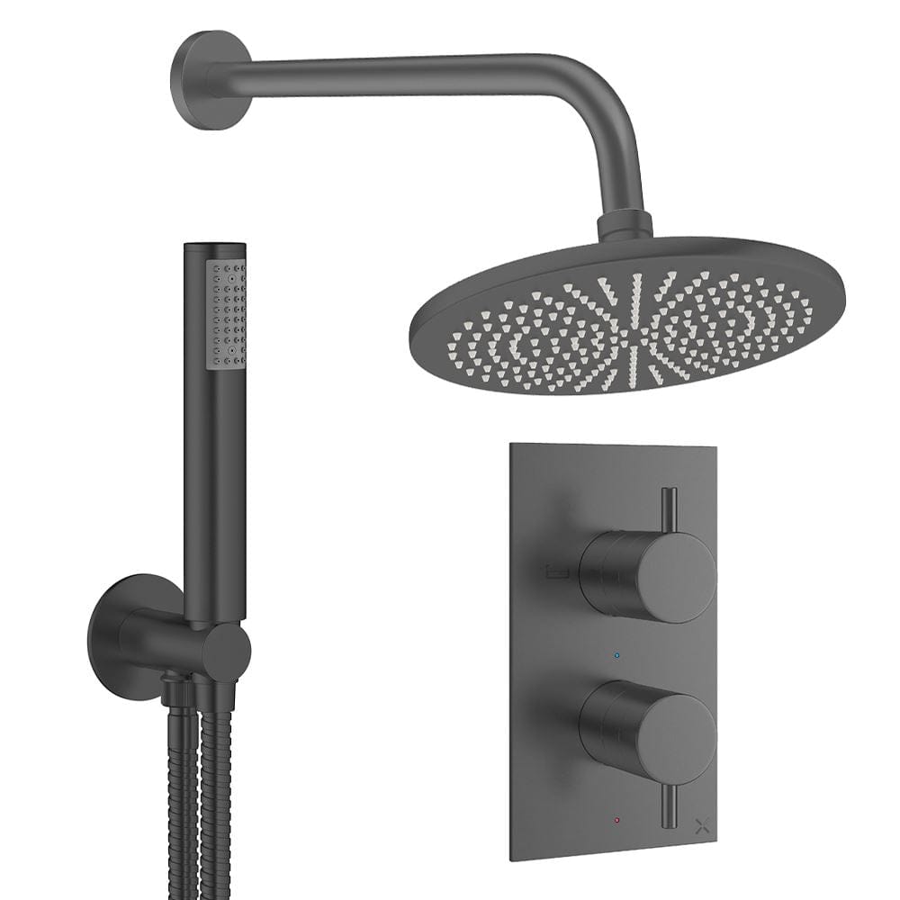 Crosswater Concealed Shower Set Slate / Wall Arm / 300mm Crosswater Design 2 Handle 2 Outlet Thermostatic Shower Set with Rainfall Head and Pencil Handset