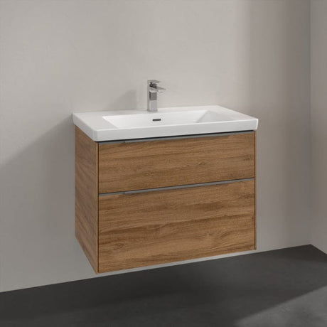 Villeroy & Boch Wall Mounted Vanity Unit Oak Kansas with Chrome Handles Villeroy & Boch Subway 3.0 Wall Hung 800mm Two Drawer Vanity Unit with Basin