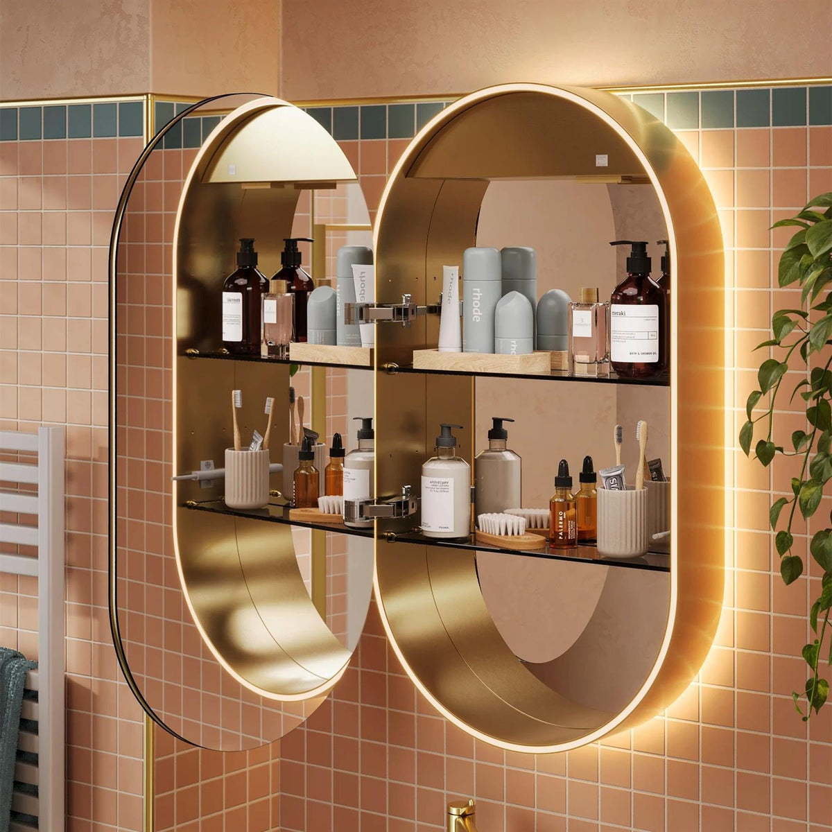 hib. Mirrored Cabinet Brushed Brass hib. Romana Pill LED Illuminated Mirror Cabinet