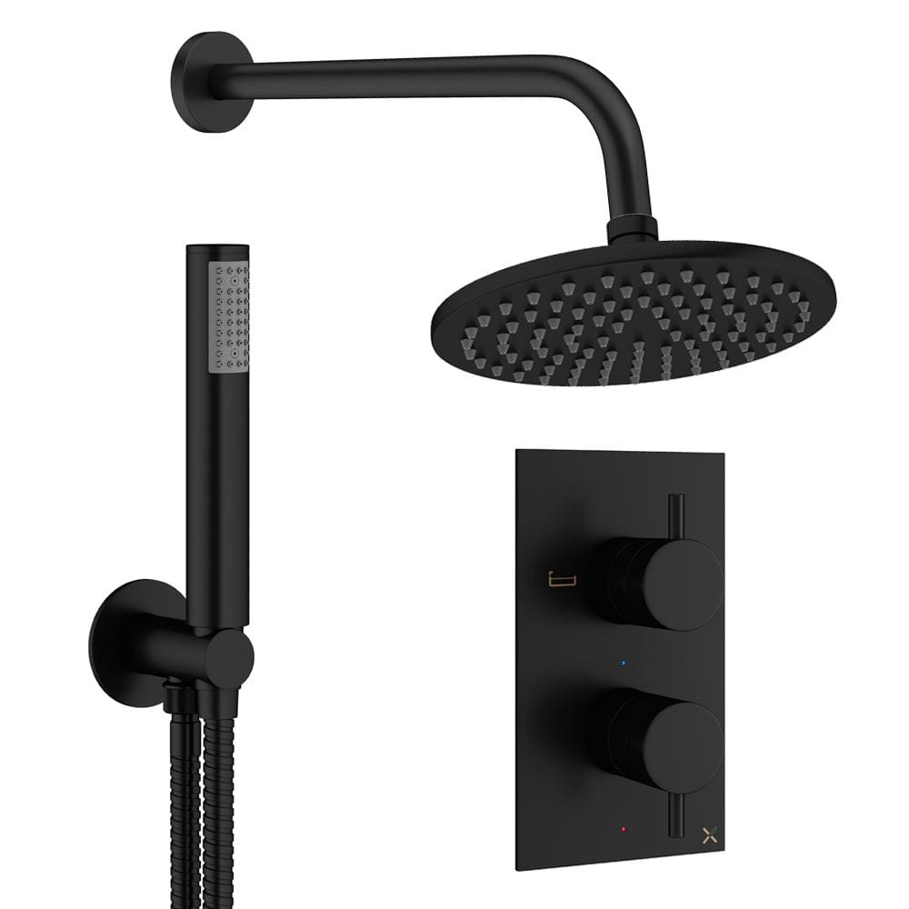 Crosswater Concealed Shower Set Matt Black / Wall Arm / 200mm Crosswater Design 2 Handle 2 Outlet Thermostatic Shower Set with Rainfall Head and Pencil Handset
