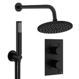 Crosswater Concealed Shower Set Matt Black / Wall Arm / 200mm Crosswater Design 2 Handle 2 Outlet Thermostatic Shower Set with Rainfall Head and Pencil Handset