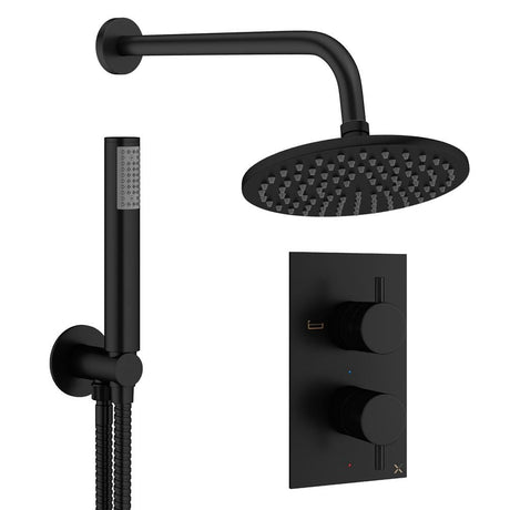 Crosswater Concealed Shower Set Matt Black / Wall Arm / 200mm Crosswater Design 2 Handle 2 Outlet Thermostatic Shower Set with Rainfall Head and Pencil Handset