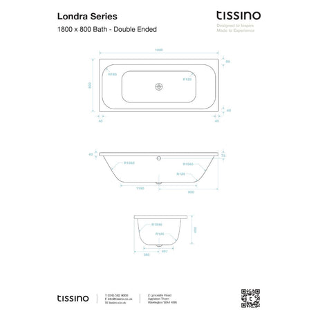 Tissino Double Ended Bath 1800 x 800mm Tissino Londra Premium Acrylic Double Ended Bath