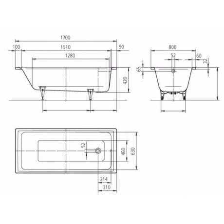 Kaldewei Single Ended Bath 1700 x 800mm / 0 Kaldewei Puro Single Ended Steel Bath with Leg Set