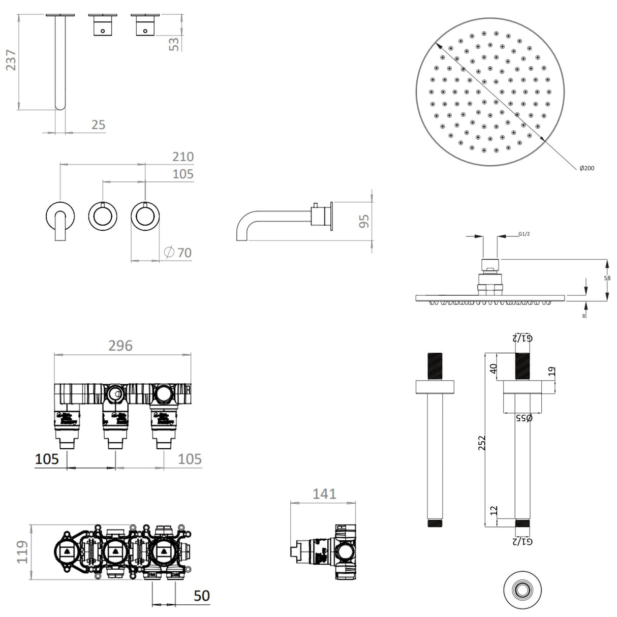 UK Bathroom Store Concealed Shower Set Crosswater Module Shower Set 3 with Fixed Overhead Shower and Bath Spout
