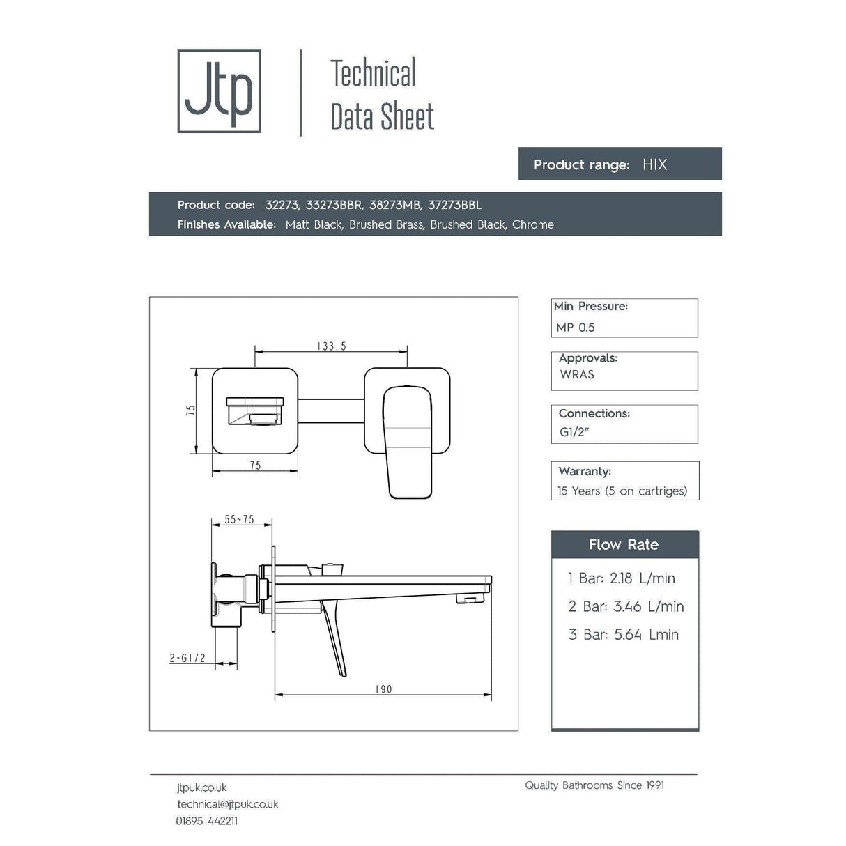 JTP Wall Mounted Basin Tap JTP HIX Single Lever Wall Mounted Basin Mixer Tap