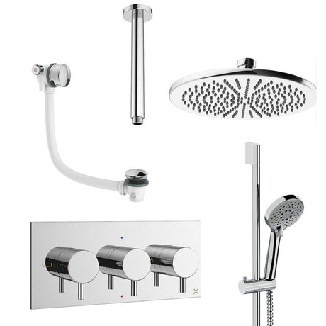 Crosswater Concealed Shower Set Chrome / Ceiling Arm / 300mm Crosswater Design 3 Handle 3 Outlet Shower Set 9 with Slide Rail Kit, Rainfall Head and Overflow Bath Filler