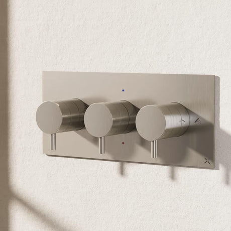 Crosswater Concealed Shower Valve Brushed Nickel Crosswater MPRO 3 Outlet, 3 Handle Landscape Concealed Thermostatic Shower Valve