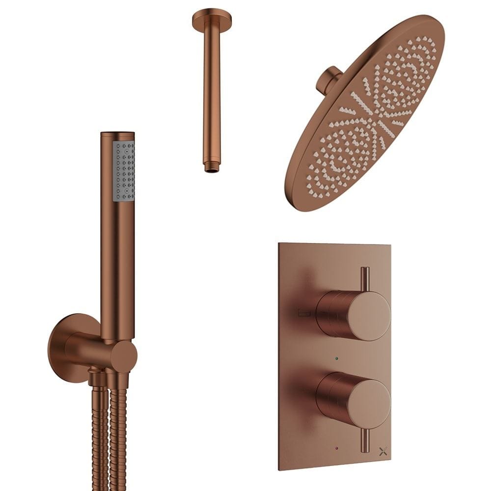 Crosswater Concealed Shower Set Brushed Bronze / Ceiling Arm / 300mm Crosswater Design 2 Handle 2 Outlet Thermostatic Shower Set with Rainfall Head and Pencil Handset