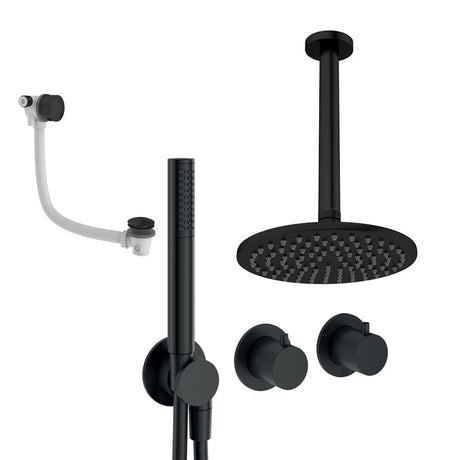 UK Bathroom Store Concealed Shower Set Matt Black / Ceiling Arm / 200mm Crosswater Module Shower Set 9 - 3 Outlet with Pencil Handset, Overhead Shower and Overflow Filler