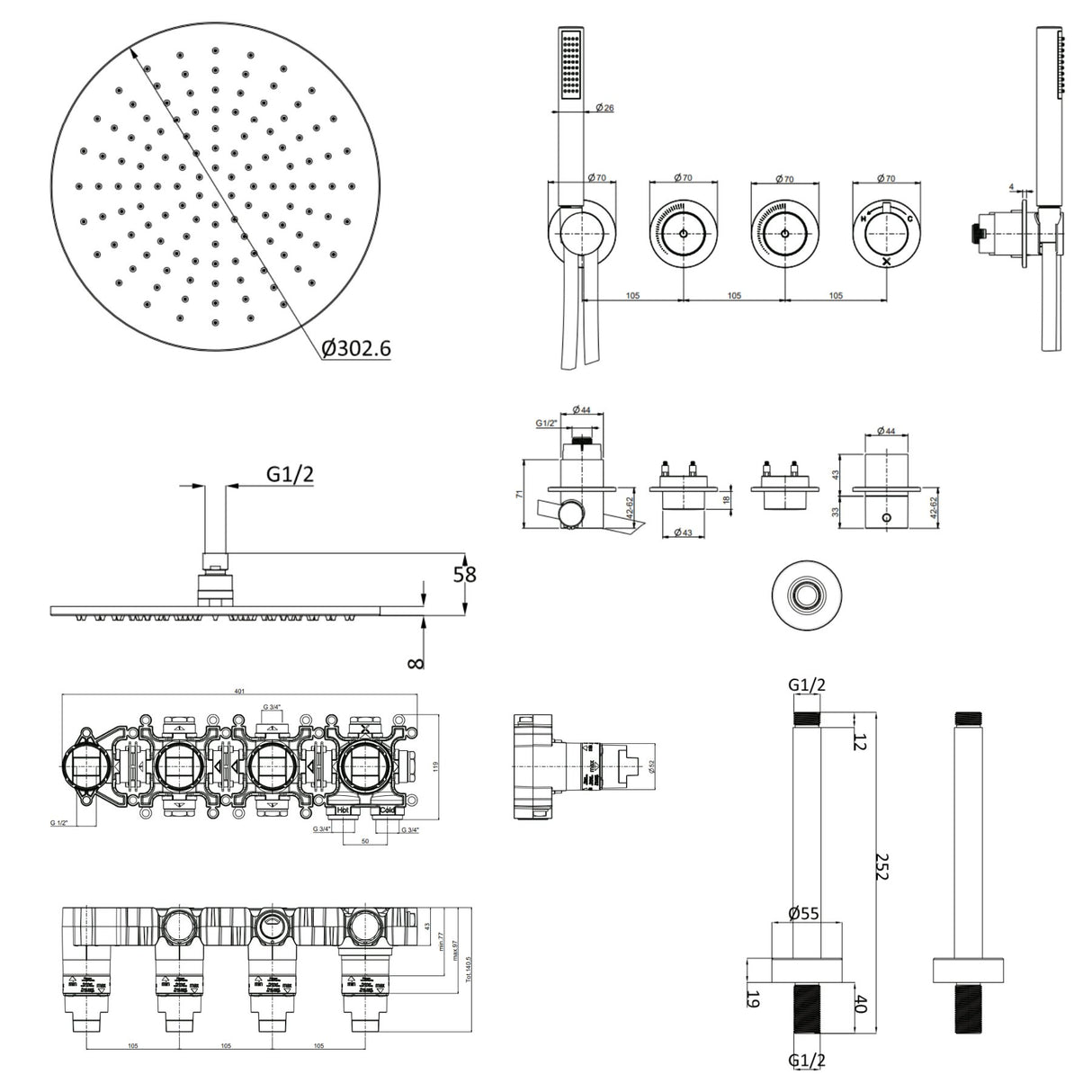 UK Bathroom Store Concealed Shower Set Crosswater Module Shower Set 8 - 2 Outlet with Pencil Handset and Overhead Shower
