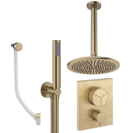 UK Bathroom Store Concealed Shower Set Brushed Brass / Ceiling Arm / 300mm Crosswater Crossbox Push Shower Set 7 - 3 Outlet with Fixed Overhead Shower, Pencil Handset and Overflow Bath Filler Waste