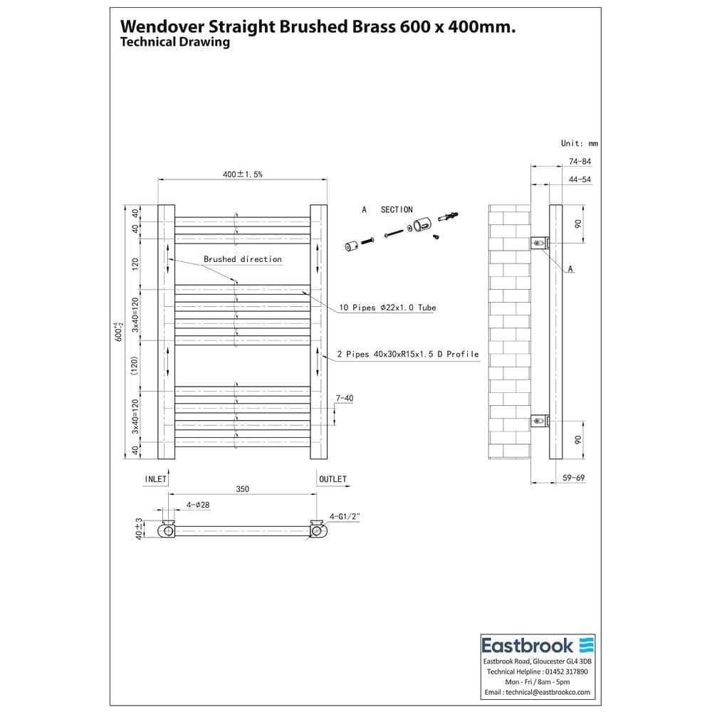 Eastbrook Wendover Straight Heated Towel Rail in Brushed Brass