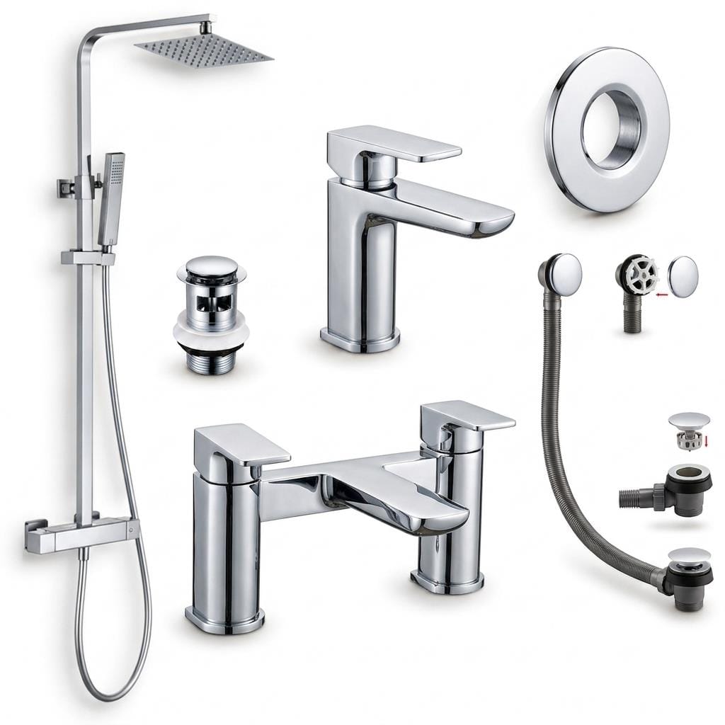 Aquarius Bathrooms Exposed Shower Set Chrome Aquarius Hydro Complete Shower Brassware Pack with Basin Mixer, Bath Mixer & Round Exposed Shower