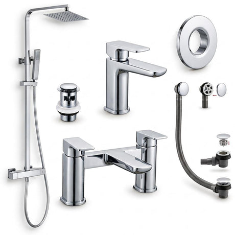 Aquarius Bathrooms Exposed Shower Set Chrome Aquarius Hydro Complete Shower Brassware Pack with Basin Mixer, Bath Mixer & Round Exposed Shower
