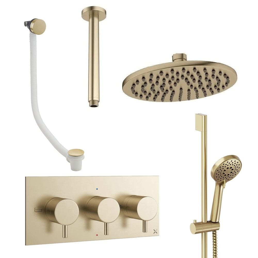 Crosswater Concealed Shower Set Brushed Brass / Ceiling Arm / 200mm Crosswater Design 3 Handle 3 Outlet Shower Set 9 with Slide Rail Kit, Rainfall Head and Overflow Bath Filler