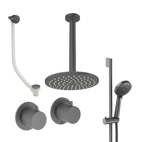 UK Bathroom Store Concealed Shower Set Slate / Ceiling Arm / 200mm Crosswater Module Shower Set 7 - 3 Outlet with Riser Rail Kit, Overhead Shower and Overflow Bath Filler