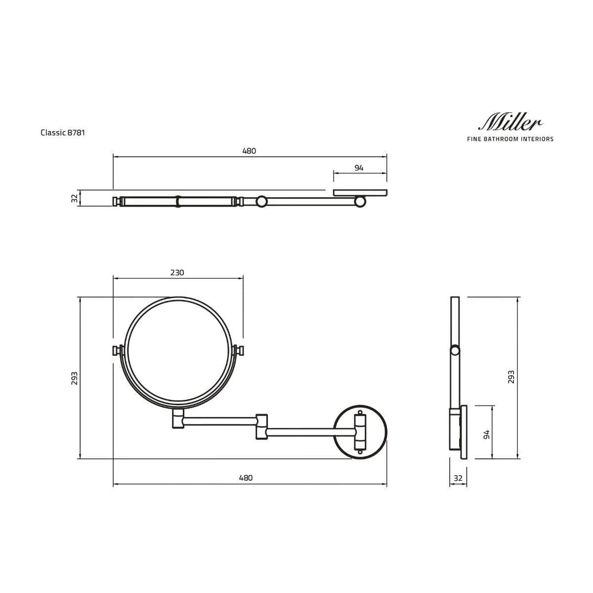 Miller Cosmetic and Shaving Mirror Miller Signature Wall Mounted Round Extendable Magnifying Mirror