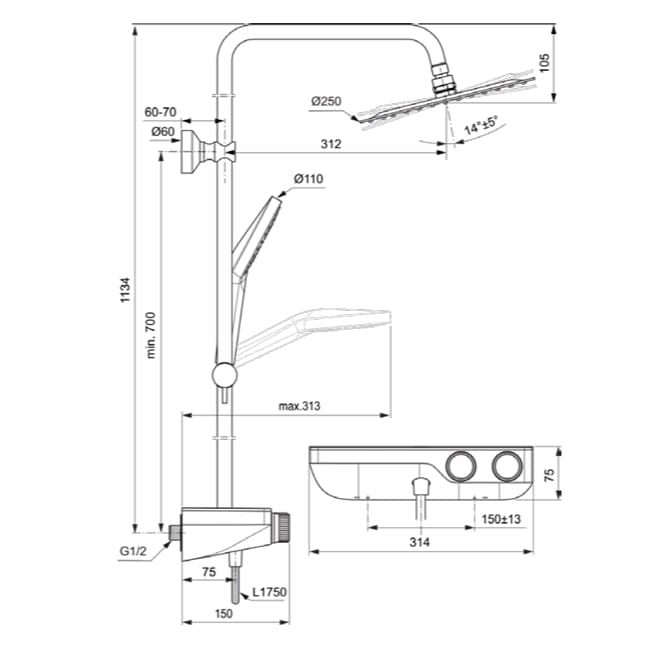 Ideal Standard Exposed Shower Set Ideal Standard Ceratherm S200 Exposed Thermostatic Shower Valve Set with Showerhead, Adjustable Riser, Handset and Shelf in Chrome