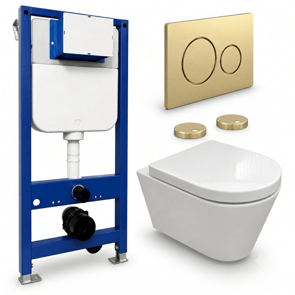 Aquarius Bathrooms Wall Hung Toilet Brushed Brass / Round Aquarius Urbano Rimless Wall Hung Toilet Pack with Frame, Flush Plate, Soft Closing Seat and Hinge Covers