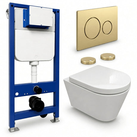 Aquarius Bathrooms Wall Hung Toilet Brushed Brass / Round Aquarius Urbano Rimless Wall Hung Toilet Pack with Frame, Flush Plate, Soft Closing Seat and Hinge Covers