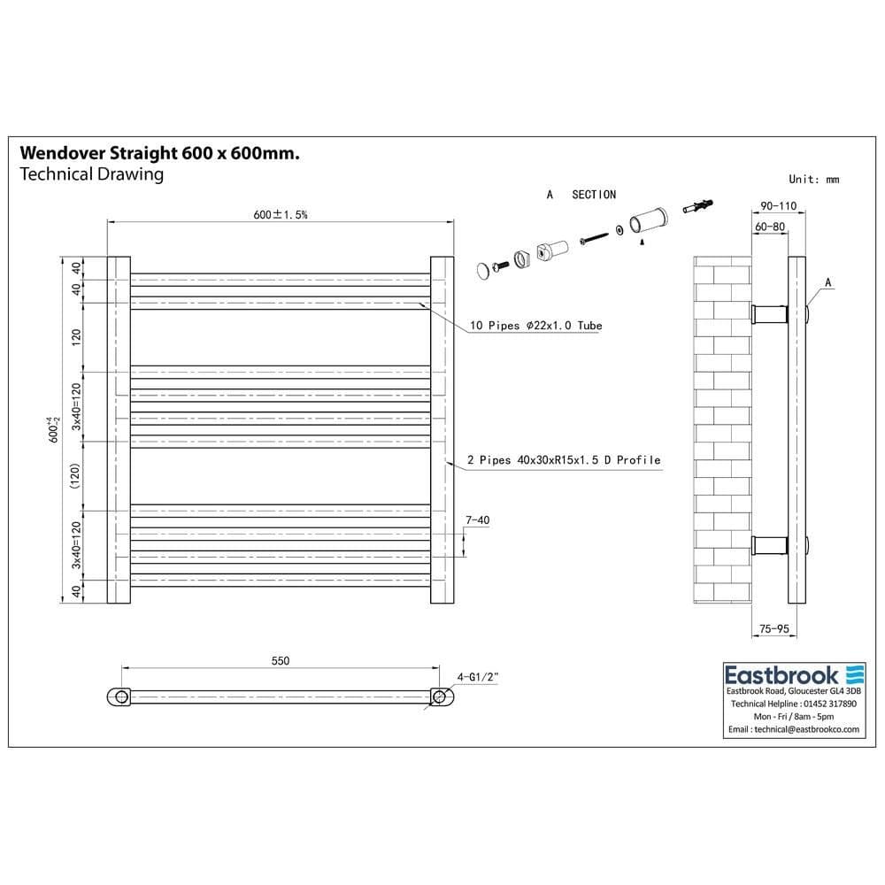 Eastbrook Ladder Rail Eastbrook Wendover Straight Heated Towel Rail in Chrome