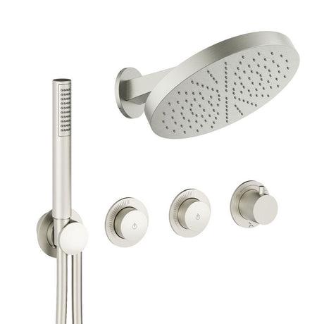 UK Bathroom Store Concealed Shower Set Brushed Nickel Crosswater Module Plus Push Shower Set 2 - 2 Outlet with Revive Steel Overhead and Pencil Handset