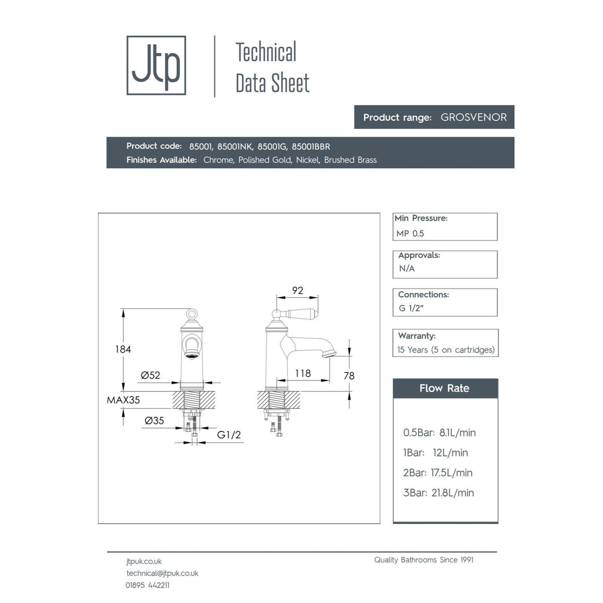 JTP Grosvenor Single Lever Basin Mixer Tap with Clicker Waste
