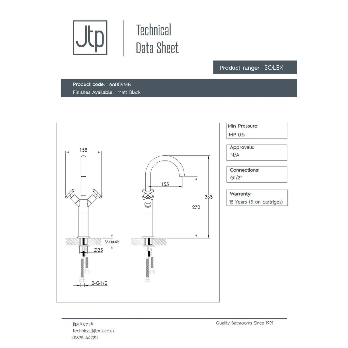 JTP Tall Basin Tap JTP Solex Deck Mounted Tall Swivel Spout Basin Mixer Tap in Matt Black
