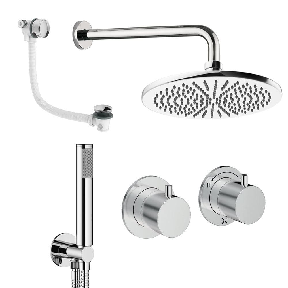 UK Bathroom Store Concealed Shower Set Chrome / Wall Arm / 300mm Crosswater Module Shower Set 6 - 3 Outlet with Overhead Shower, Handset and Overflow Bath Filler