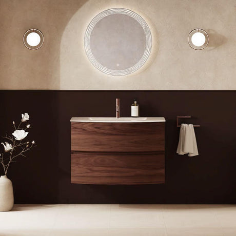Crosswater Wall Mounted Vanity Unit 800mm / American Walnut / Ice White Basin - 1 Tap Hole Crosswater Svelte Wall Hung Vanity Unit with Basin