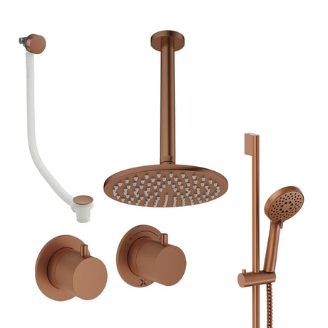 UK Bathroom Store Concealed Shower Set Brushed Bronze / Ceiling Arm / 200mm Crosswater Module Shower Set 7 - 3 Outlet with Riser Rail Kit, Overhead Shower and Overflow Bath Filler