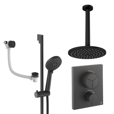 UK Bathroom Store Concealed Shower Set Matt Black / Ceiling Arm / 200mm Crosswater Crossbox Push Shower Set 8 - 3 Outlet with Fixed Overhead Shower, Slide Rail Kit and Overflow Bath Filler Waste