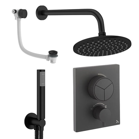 UK Bathroom Store Concealed Shower Set Matt Black / Wall Arm / 200mm Crosswater Crossbox Push Shower Set 7 - 3 Outlet with Fixed Overhead Shower, Pencil Handset and Overflow Bath Filler Waste