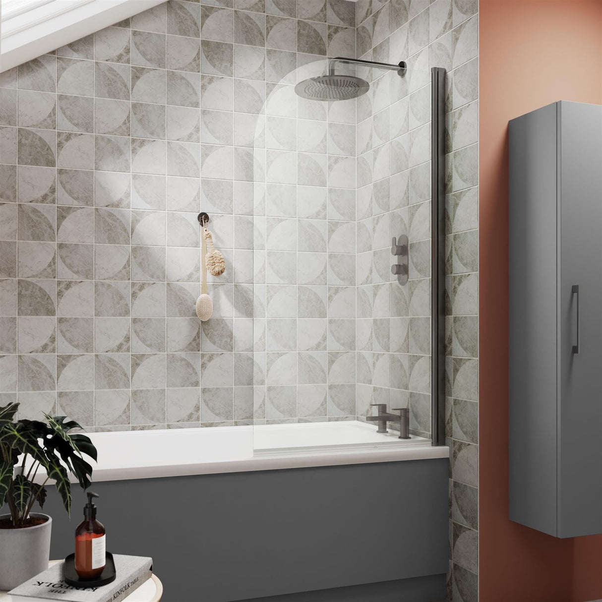 Aquarius Bathrooms Bath Screen Gunmetal Grey Aquarius LevAqua Curved 6mm Hinged Bath Screen 1400 x 800mm