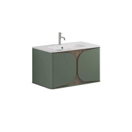 Crosswater Wall Mounted Vanity Unit Sage Green / Crosswater Tambour Basin - 1 Tap Hole - White Crosswater Tambour 800mm Wall Mounted One Drawer Vanity Unit with Basin or Worktop