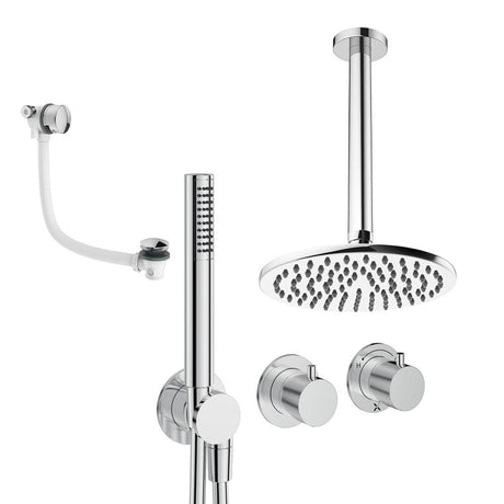 UK Bathroom Store Concealed Shower Set Chrome / Ceiling Arm / 200mm Crosswater Module Shower Set 9 - 3 Outlet with Pencil Handset, Overhead Shower and Overflow Filler