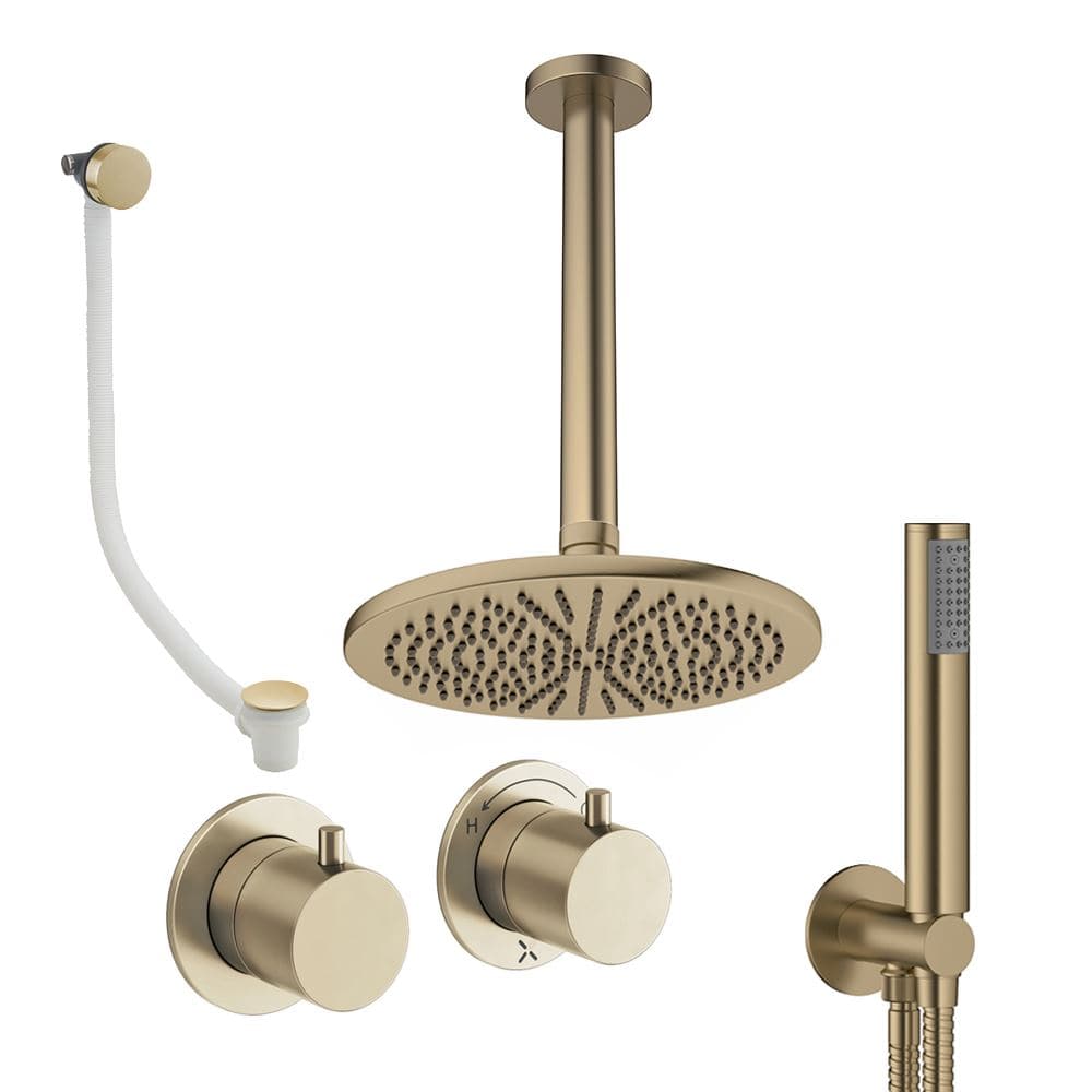 UK Bathroom Store Concealed Shower Set Brushed Brass / Ceiling Arm / 300mm Crosswater Module Shower Set 6 - 3 Outlet with Overhead Shower, Handset and Overflow Bath Filler