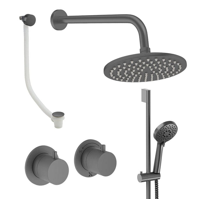 UK Bathroom Store Concealed Shower Set Slate / Wall Arm / 200mm Crosswater Module Shower Set 7 - 3 Outlet with Riser Rail Kit, Overhead Shower and Overflow Bath Filler