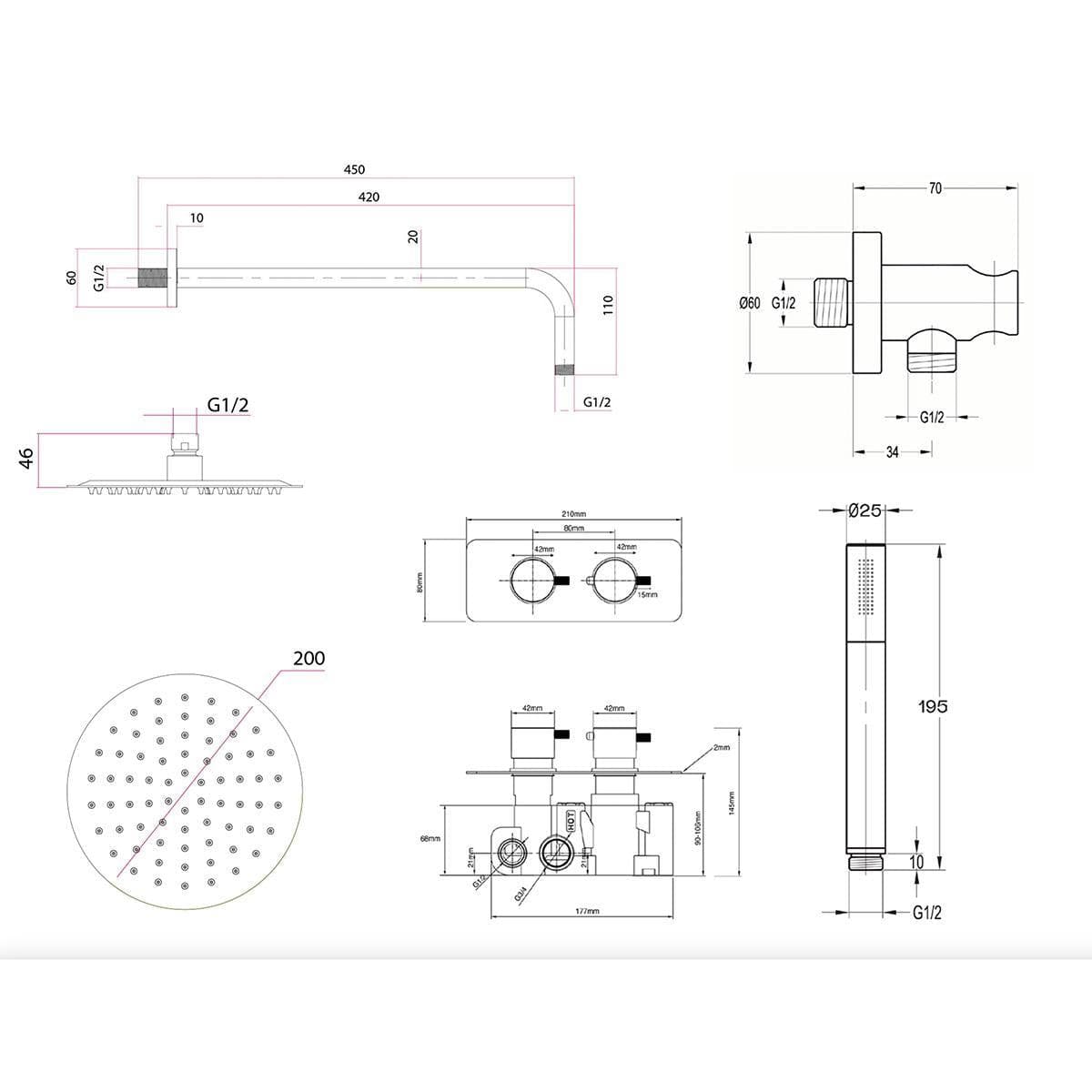 Imex Concealed Shower Set Imex Ravine 2 Handle, 2 Outlet Shower Set with 200mm Rainfall Shower Head, Pencil Handset and Hose