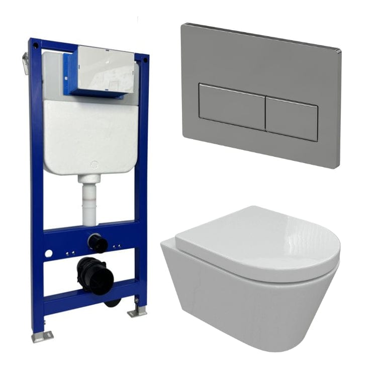 Aquarius Wall Hung Toilet Chrome / Square Aquarius Urbano Rimless Wall Hung Toilet Pack with Frame, Flush Plate, Soft Closing Seat and Hinge Covers