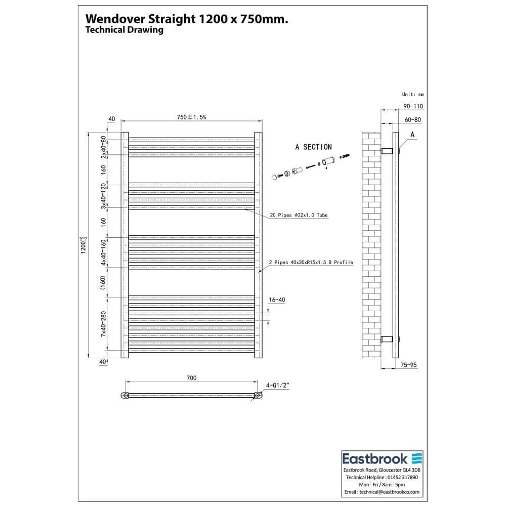 Eastbrook Ladder Rail Eastbrook Wendover Straight Heated Towel Rail in Chrome