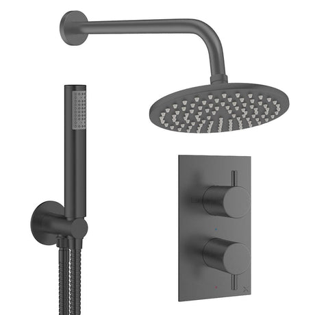 Crosswater Concealed Shower Set Slate / Wall Arm / 200mm Crosswater Design 2 Handle 2 Outlet Thermostatic Shower Set with Rainfall Head and Pencil Handset