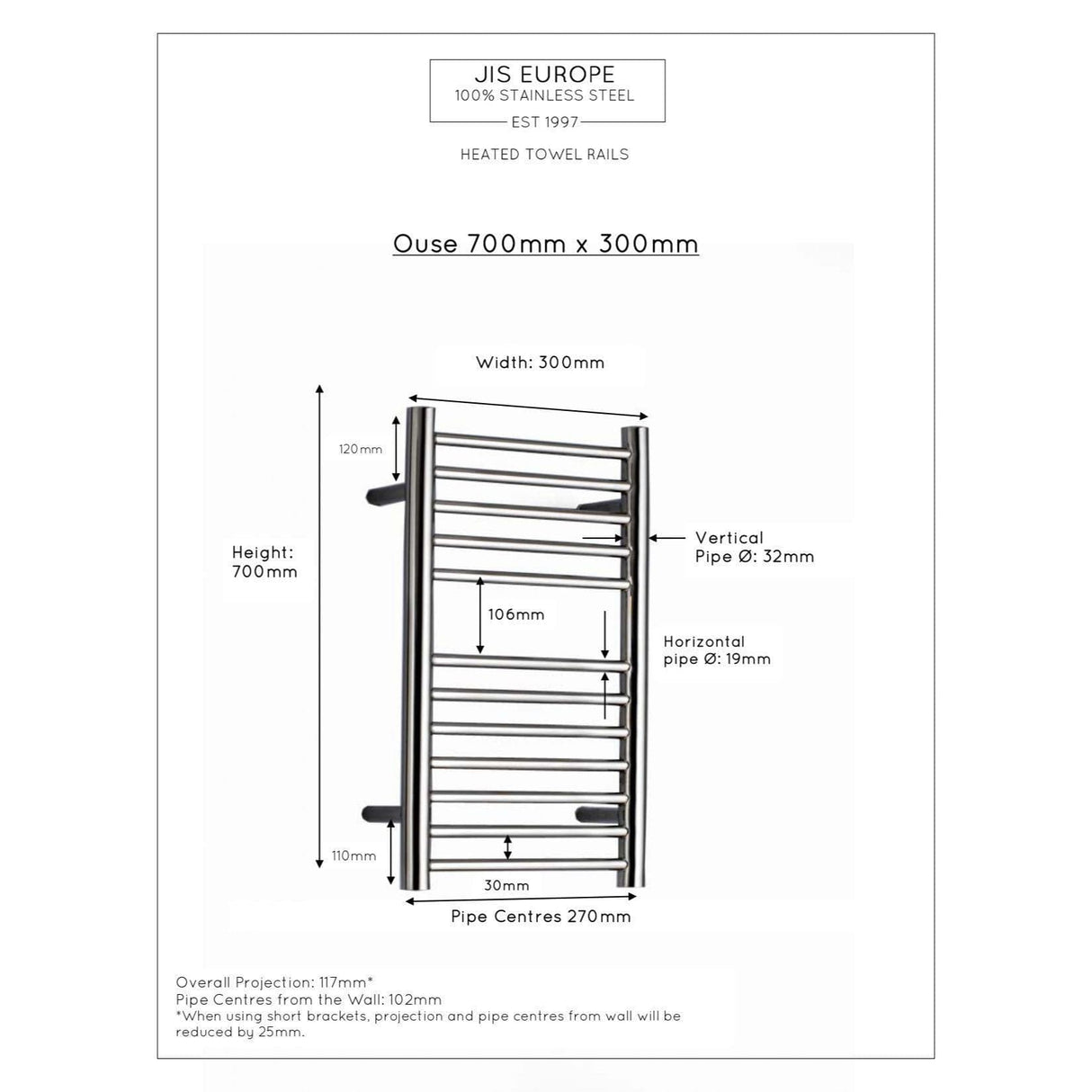 JIS Ladder Rail JIS Sussex Ouse Vertical Stainless Steel Heated Towel Rail