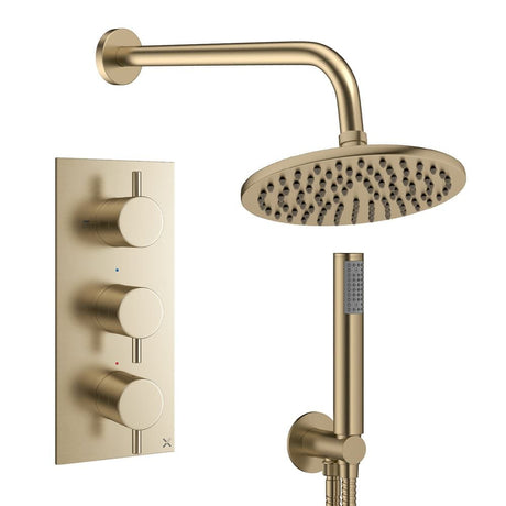 Crosswater Concealed Shower Set Brushed Brass / Wall Arm / 200mm Crosswater Design 3 Handle 2 Outlet Shower Set 7 with Pencil Handset and Rainfall Shower Head