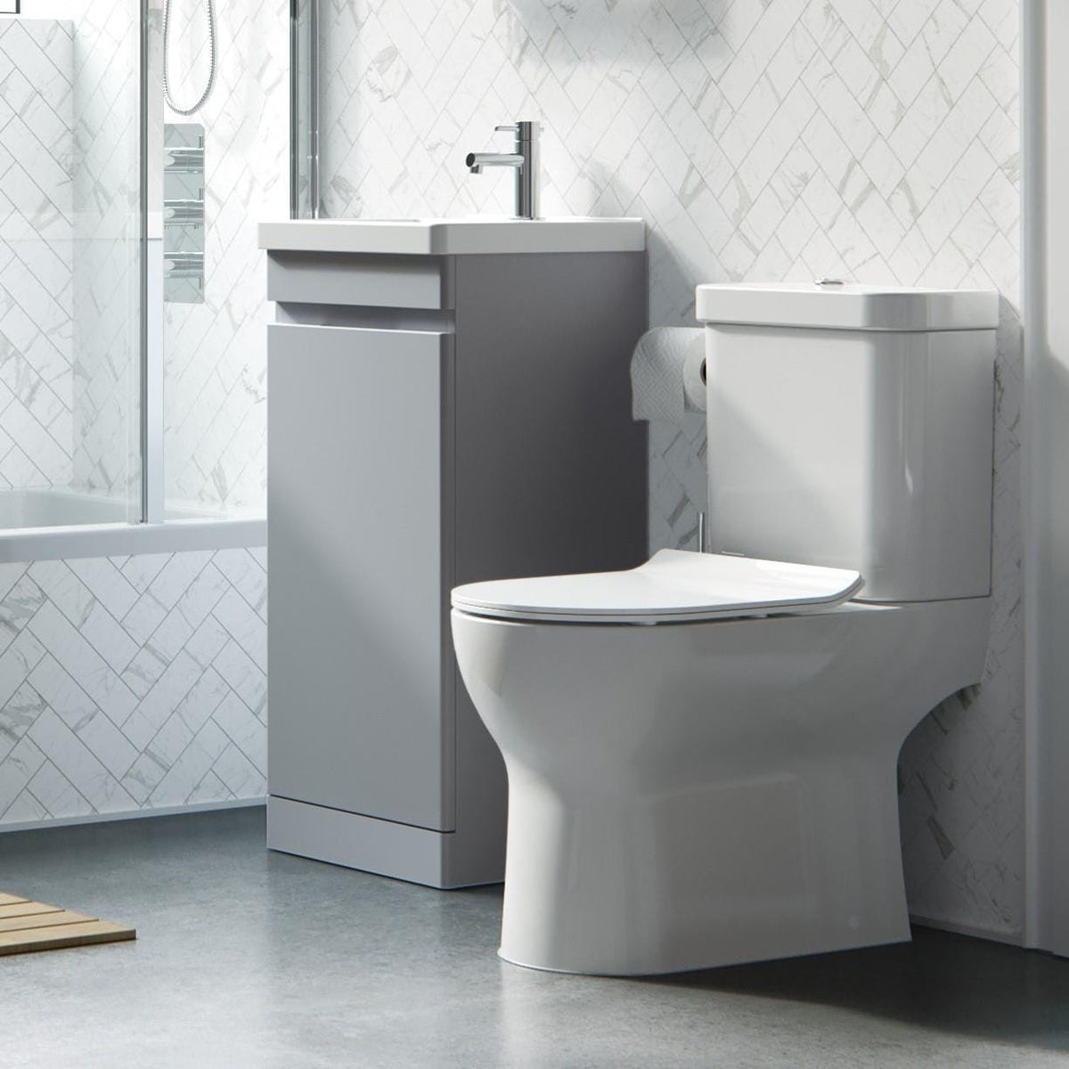 Saneux Close Coupled Toilet Saneux Air Open Back Close Coupled Rimless Toilet with Soft Close Seat
