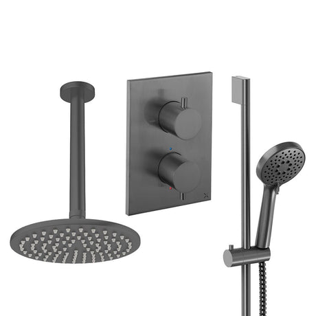 UK Bathroom Store Concealed Shower Set Slate / Ceiling Arm / 200mm Crosswater Crossbox Shower Set 4 - 2 Outlet with Riser Rail Kit and Fixed Overhead Showerhead