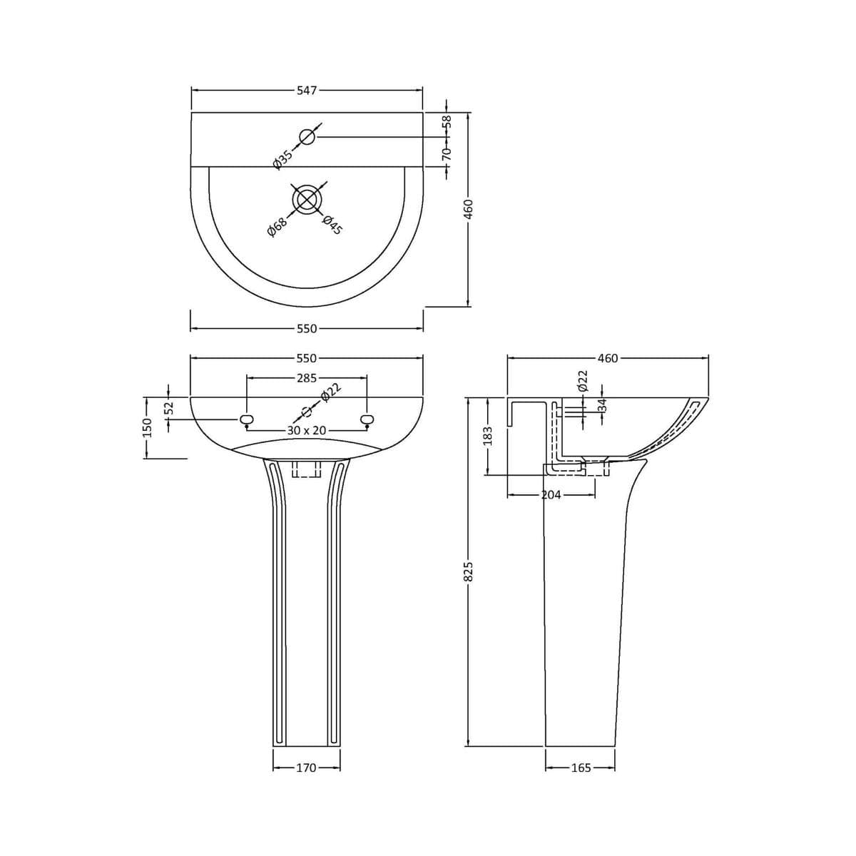 Aquarius Bathrooms Pedestal Basin Aquarius Metric/Vista/Origin 560mm 1 Tap Hole Basin with Full Pedestal