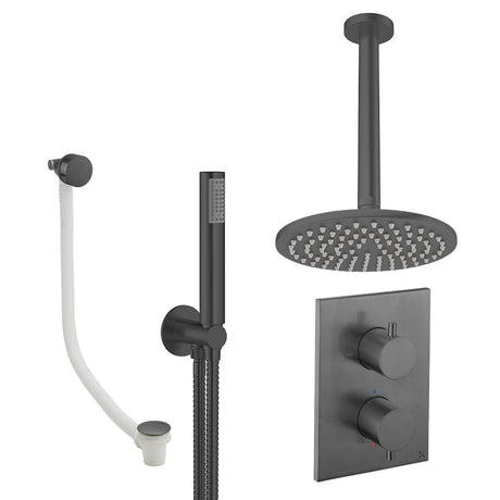 UK Bathroom Store Concealed Shower Set Slate / Ceiling Arm / 200mm Crosswater Crossbox Shower Set 9 - 3 Outlet with Fixed Overhead Shower,Pencil Handset and Overflow Bath Filler Waste