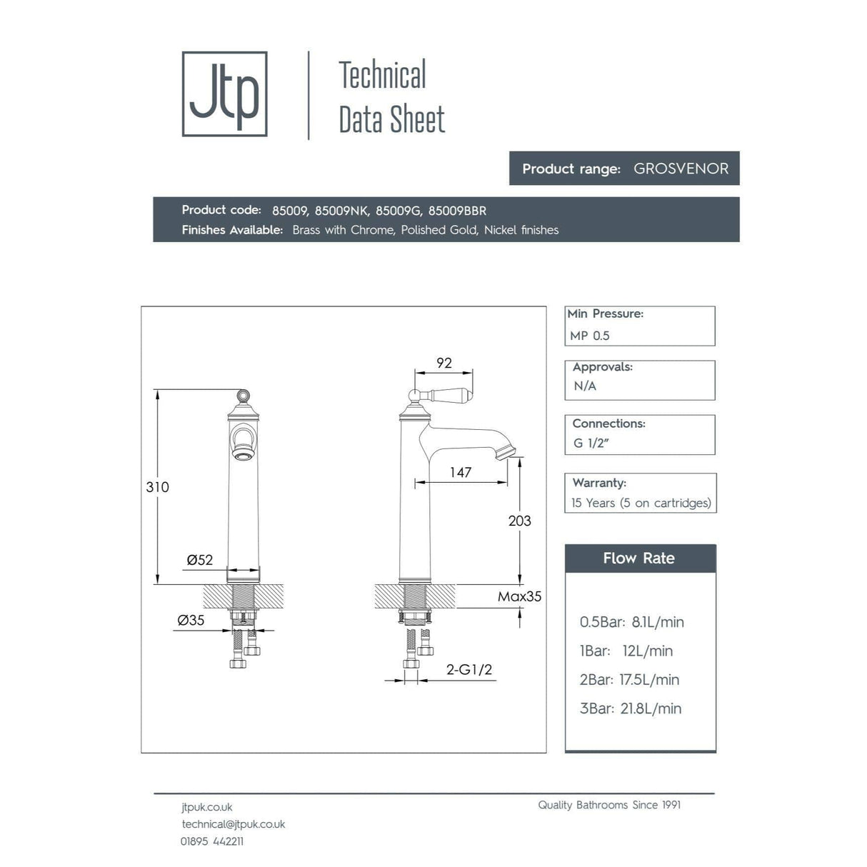 JTP Tall Basin Tap JTP Grosvenor Single Lever Tall Basin Mixer Tap with Clicker Waste